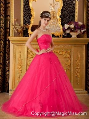 Hot Pink A-line / Princess Strapless Floor-length Tulle Appliques Quinceanera Dress