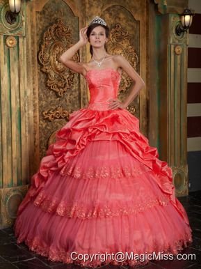 Watermelon Ball Gown Sweetheart Floor-length Taffeta and Tulle Lace Appliques Quinceanera Dress