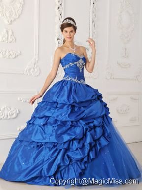 Blue A-Line / Princess Sweetheart Floor-length Taffeta and Tulle Appliques with Beading Quinceanera Dress