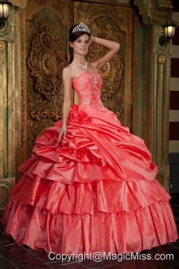 Watermelon Ball Gown Strapless Floor-length Organza Beading Quinceanera Dress