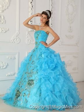 Exquisite Ball Gown Strapless Floor-length Embroidery Aqua Blue Quinceanera Dress