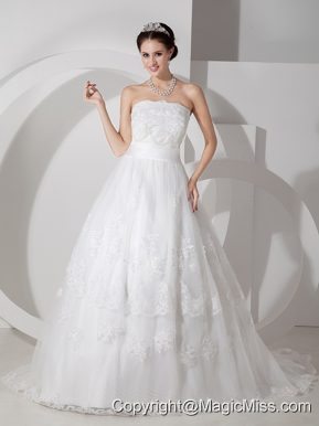 Best A-line Strapless Brush Train Satin Belt and Lace Wedding Dress