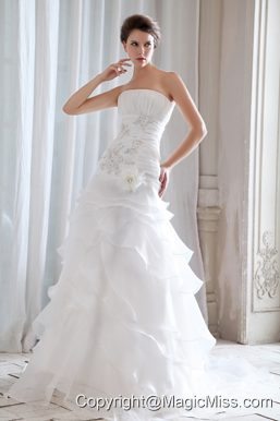 Fashionable Princess Strapless Court Train Organza Beading and Ruch Wedding Dress