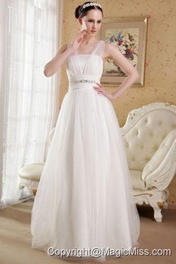 White A-Line / Princess V-neck Brush Train Satin and Organza Beading Wedding Dress