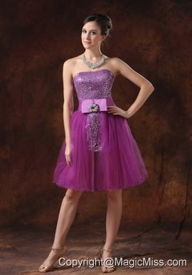 Paillette Over Skirt Strapless Column / Sheath Fuchsia Mini-length Prom Dress Sashes/Ribbons