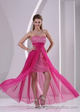 High-low Paillette Over Skirt Hot Pink Prom Cocktail Dress With Sweetheart
