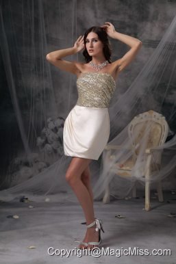 Champagne Column Strapless Mini-length Satin Beading and Ruch Prom / Cocktail Dress