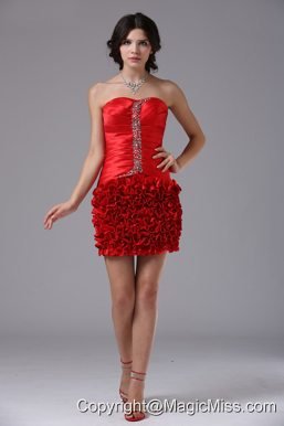 Red Ruched Bodice and Beading For 2013 Prom Dress In Beverly Hills California Mini-length Taffeta
