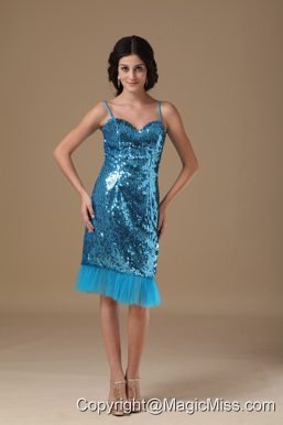 Blue Column Straps Knee-length Sequin Beading Prom Dress