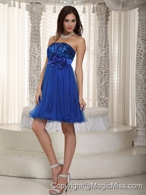 Royal Blue Empire Strapless Mini-length Organza and Sequin Bowknot Prom / Homecoming Dress