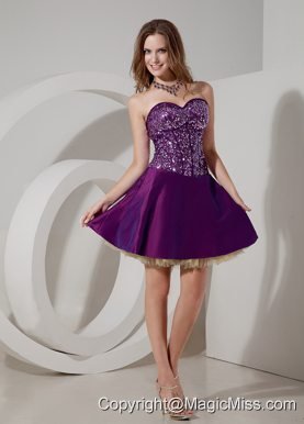 Purple A-line Sweetheart Mini-length Taffeta and Sequin and Tulle Prom Dress