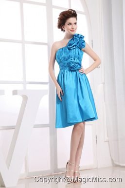 Hand Made Flowers Decorate Bodice One Shoulder Aqua Blue Knee-length Prom Dress For 2013