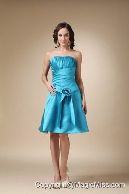 Aqua Blue A-line Strapless Knee-length Satin Hand Made Flower Prom / Homecoming Dress