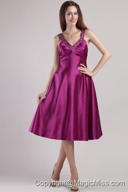 Purple Empire V-neck Ankle-length Elastic Woven Satin Beading Prom / Pageant Dress