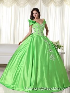 Spring Green Ball Gown Off the Shoulder Floor-length Taffeta Embroidery Quinceanera Dress