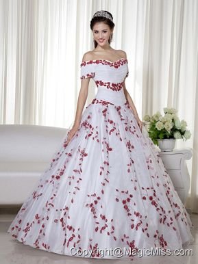 White and Red Ball Gown Off The Shoulder Floor-length Taffeta and Organza Embroidery Quinceanera Dress