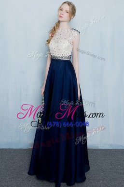 Great Scoop Chiffon Cap Sleeves Floor Length Prom Dress and Beading and Ruching