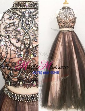 Gorgeous Floor Length Brown Pageant Dress for Girls High-neck Sleeveless Zipper