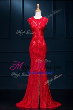 Fashion Mermaid Scoop Red Sleeveless Floor Length Lace Zipper Formal Dresses