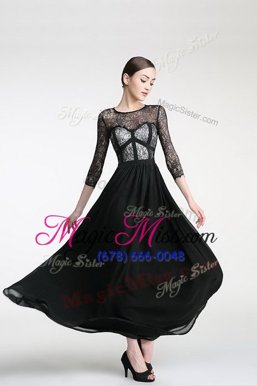 Super Scoop Black Column/Sheath Lace Prom Dresses Zipper Chiffon 3|4 Length Sleeve Ankle Length