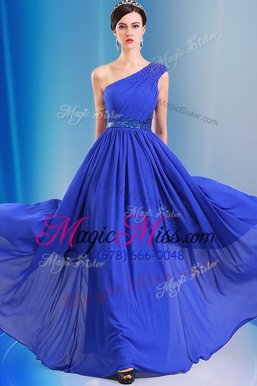 Elegant Royal Blue One Shoulder Neckline Ruching and Belt Prom Dresses Sleeveless Side Zipper