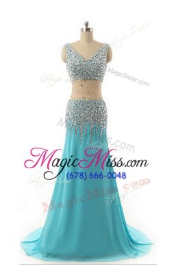 Nice Sleeveless Chiffon Asymmetrical Zipper Prom Dress in Aqua Blue for with Beading