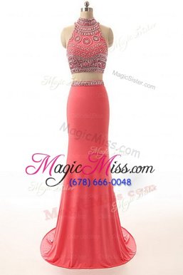 Great Watermelon Red Satin Backless High-neck Sleeveless Evening Dress Brush Train Beading and Appliques and Belt