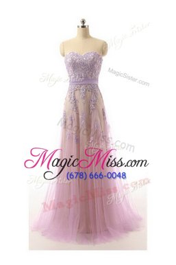 Dramatic Lavender Sweetheart Zipper Lace and Appliques and Belt Prom Dresses Brush Train Sleeveless