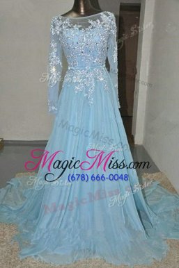 Beauteous Organza Bateau Long Sleeves Court Train Zipper Appliques and Belt Military Ball Dresses in Baby Blue