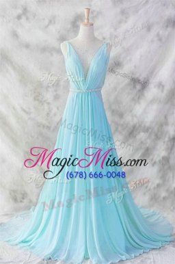 Baby Blue Chiffon Backless Prom Gown Sleeveless Brush Train Belt