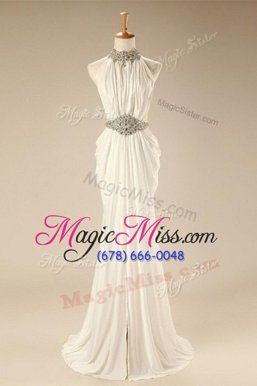 Excellent Sleeveless Chiffon Sweep Train Zipper Homecoming Dresses in White for with Beading and Belt