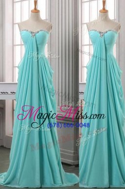 Fantastic Turquoise Prom Gown Prom and Party and For with Ruching Sweetheart Sleeveless Brush Train Zipper