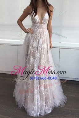 Classical Champagne Prom Dress Prom and Party and For with Lace V-neck Sleeveless Backless