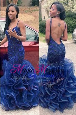 Extravagant Mermaid Navy Blue Winning Pageant Gowns Prom and Party and For with Ruffles Spaghetti Straps Sleeveless Backless