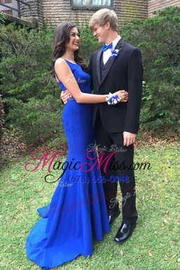 Fantastic Mermaid Scoop With Train Zipper Celebrity Inspired Dress Royal Blue and In for Prom and Party with Beading Brush Train