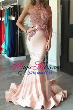 Beautiful Mermaid Peach Going Out Dresses Prom and Party and For with Beading Scoop Sleeveless Brush Train Zipper