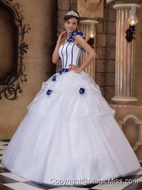 White Ball Gown One Shoulder Floor-length Satin and Tulle Hand Made Flowers Quinceanera Dress