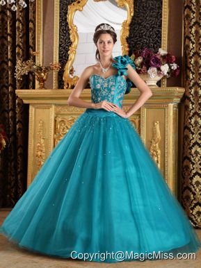 Teal A-Line / Princess One Shoulder Floor-length Tulle Beading Quinceanera Dress