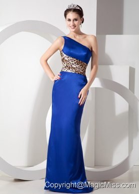 Blue Column One Shoulder Brush Train Taffeta Lepard Prom Dress