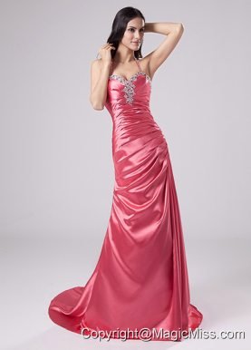Beading Column Halter Brush/Sweep Elastic Woven Satin Prom Dress Rose Pink