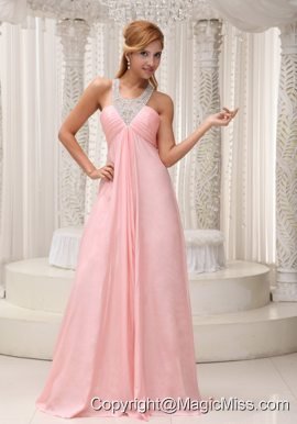Beaded Decorate Scoop Neckline Ruched Decorate Bust Brush Train Baby Pink Chiffon 2013 Prom / Evening Dress For Military Ball