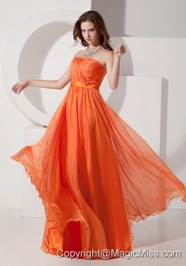 Orange Red Empire Strapless Floor-length Chiffon Ruch Prom Dress