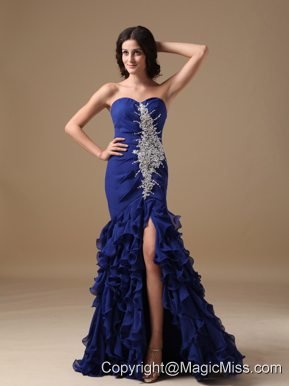 Blue Mermaid Sweetheart Brush Train Chiffon Beading Prom Dress