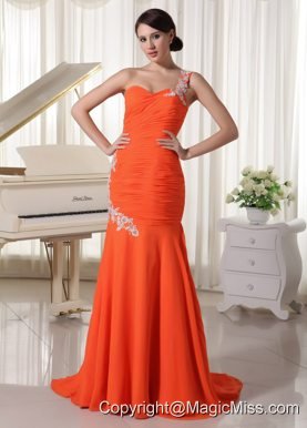 Appliques One Shoulder Chiffon Orange Red Sheath Prom Dress For Formal Evening Brush Train