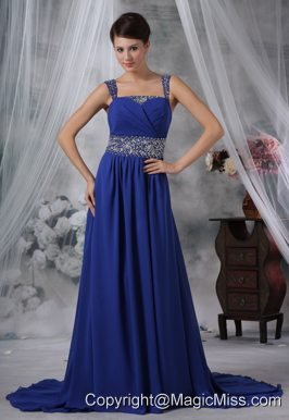 Des Moines Iowa Beaded Decorate Straps and Wasit Brush Train Royal Blue Chiffon Prom / Evening Dress For 2013