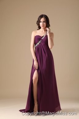 Purple Empire One Shoulder Brush Train Chiffon Beading Prom Dress