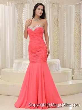 Mermaid Sweetheart For Coral Red Prom Dress Beaded Decorate Bust