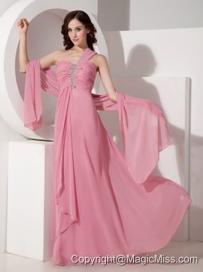 Pink Empire One Shoulder Floor-length Chiffon Beading Prom Dress