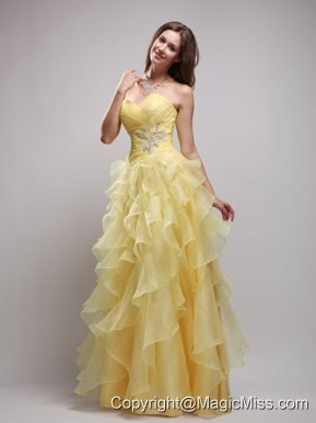 Yellow Empire Sweetheart Floor-lenth Organza Ruffles and Appliques Prom / Evening Dress