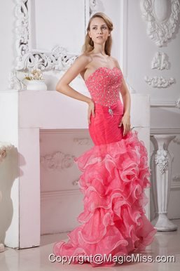 Coral Red Mermaid Sweetheart High-low Taffeta and Organza Beading and Ruch Prom Dress